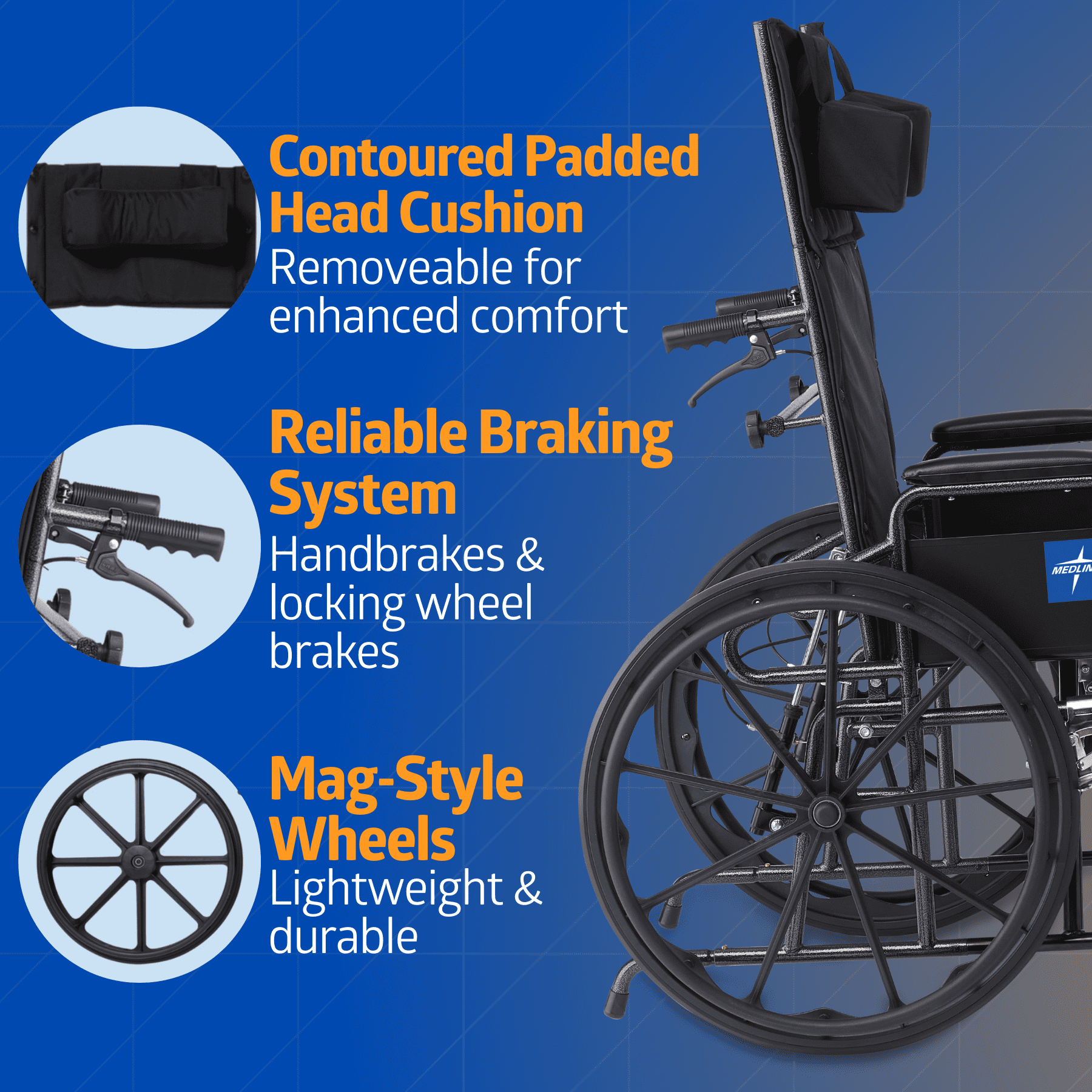Medline Reclining Wheelchair with Removable Desk Arms, Elevating Legrests, 20-In Seat, 300 lb Weight Limit, Black