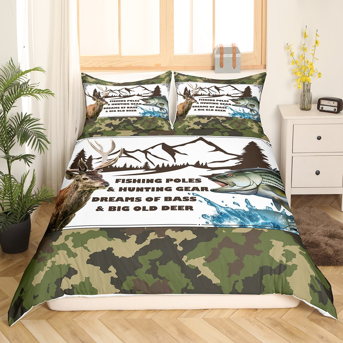 Erosebridal Hunting American Flag Bed Sheets for Hunter,Camo Bear Deer Duck  Twin Sheet Set for Men Fishing Bass Fish Bedding Set Army Green Camouflage  Animals Fitted Sheet + Flat Sheet 3 Pcs 