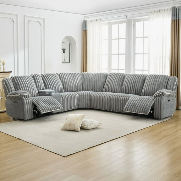 Power Reclining Sectional Recliner With Wireless Charging, Faux Fur Reclining Sectional Couch Sofa Electric Sectional Recliner USB Port, Cup Holder, Storage Console For Living Room