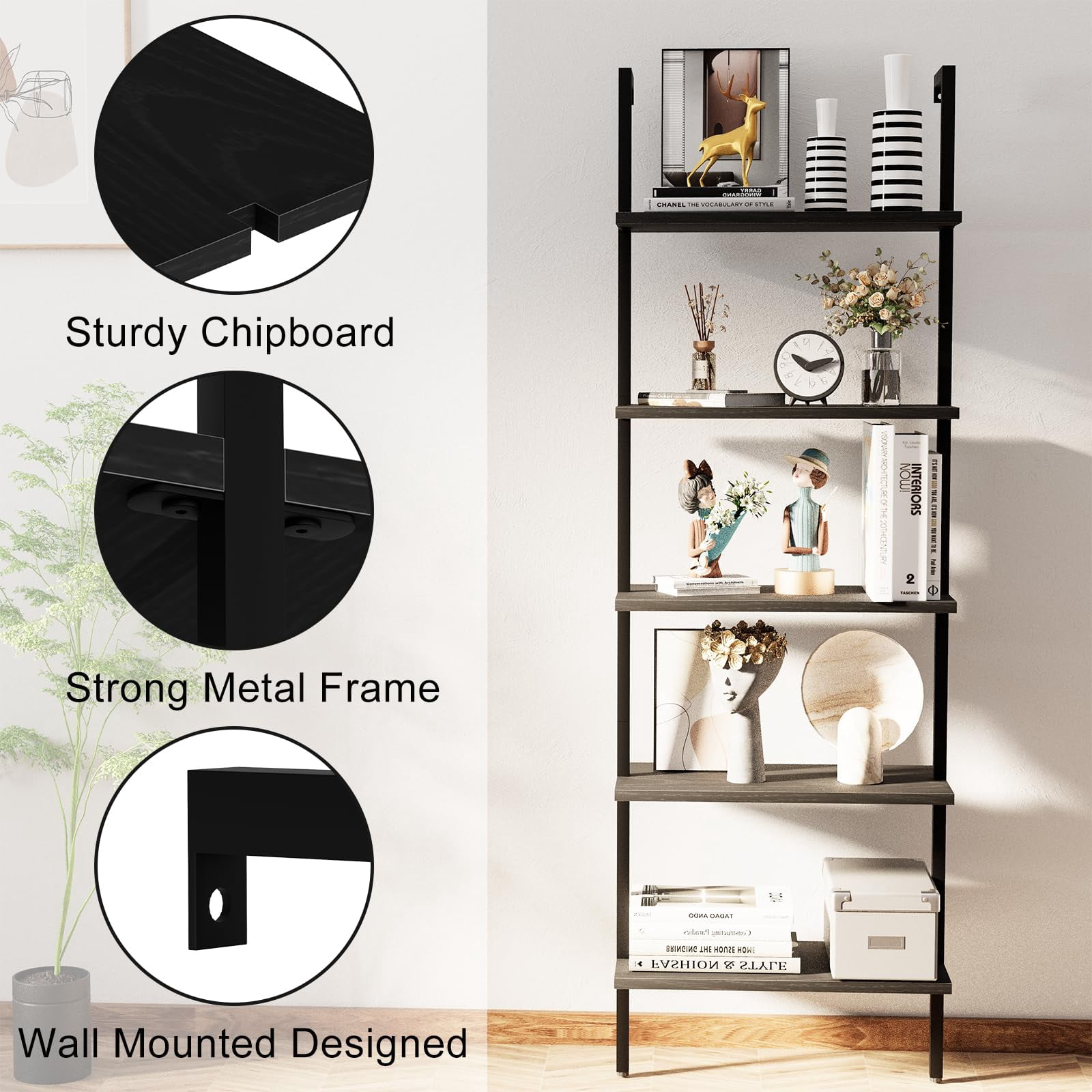 Ladder Shelf Open 5-Tier Bookshelf Wall-Mounted Black Wood Bookcase Storage Rack Open Industrial Modern Plant Stand Utility Organizer Bookcase Metal Frame Furniture Office Bedroom