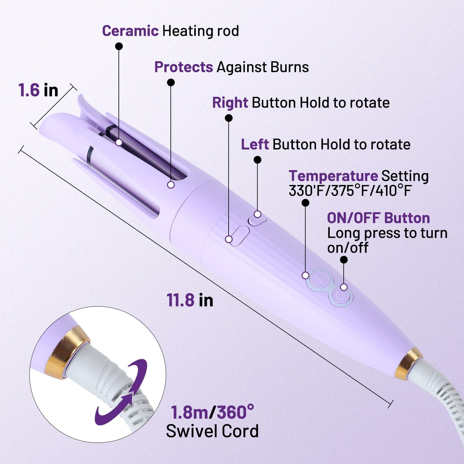 Hair Curler Automatic Rotating with 3 Temperature Sets, Anti-Scald, Anti-Tangle Auto Curling Iron Rotating, Purple