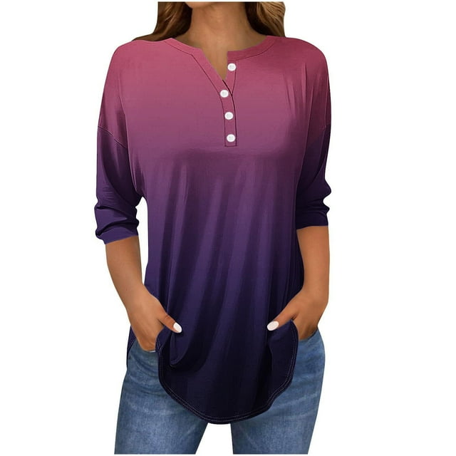 SwiftWear T-Shirts pour Femmes Mode Tendance Col Rond Manches Mi-Longues T-Shirt Dégradé Décontracté Ample Basique
