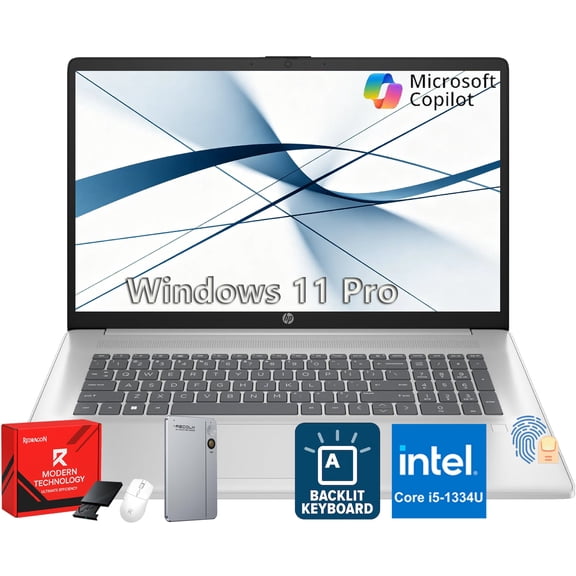 HP 17.3" FHD Laptop Computer for Business and Student, 8GB RAM, 256GB SSD, Intel Core i5-1334U, Backlit KB, Fingerprint, Numeric Keypad, Camera, Win11 Pro, Recolx AI Voice Recorder