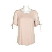 Adrianna Papell Crew Neck Clip Dot Short Sleeve with Tie Solid Knit Moss Crepe Top-PEARL BLUSH / XL