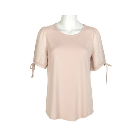 Adrianna Papell Crew Neck Clip Dot Short Sleeve with Tie Solid Knit Moss Crepe Top-PEARL BLUSH / XL