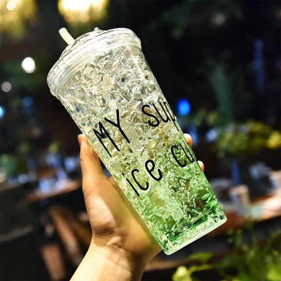 Double Wall Insulated Tumbler with Sliding Straw Lid - Gel Cooling Mug for Iced Beverages, Beach Days & Outdoor Activities​(Green)