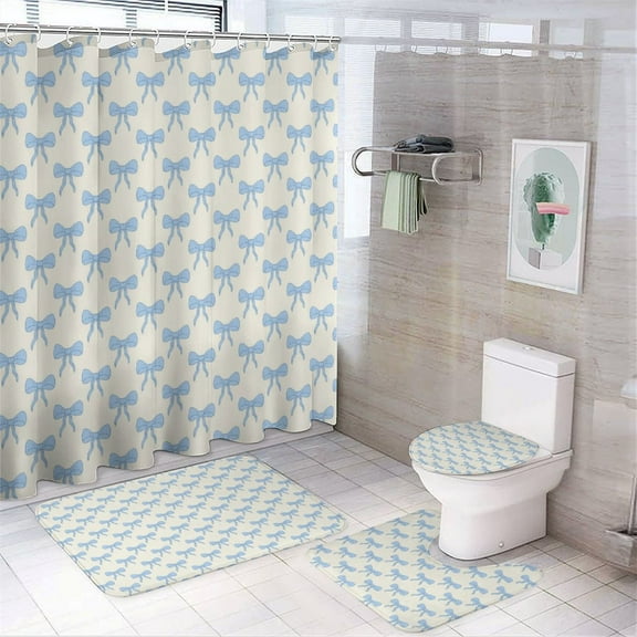 Princess Cute Bow Shower Curtain Set Waterproof Bathroom Toilet Seat Cover Bath Non-slip Mat Rug Carpet Bath Decor 4pcs