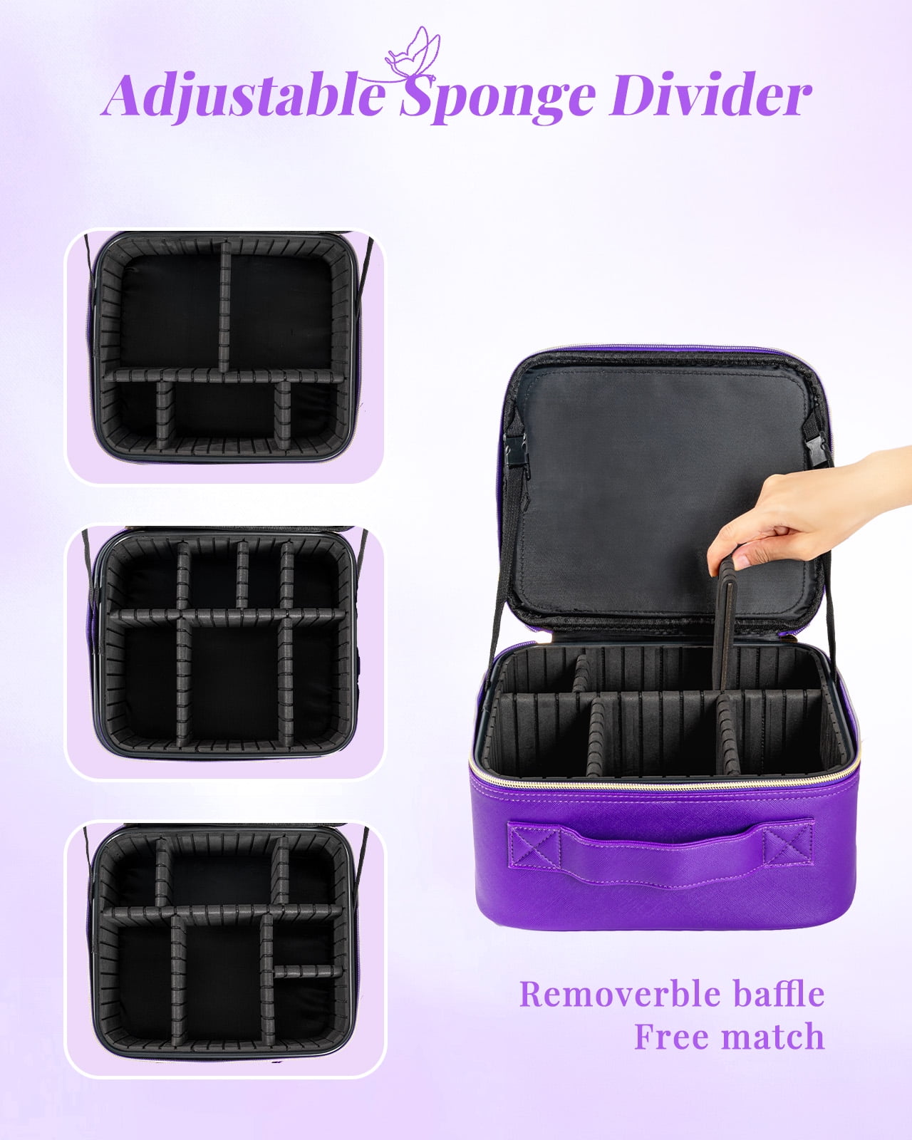 Makeup Bag with Mirror of LED Lighted, Travel Makeup Train Case with Adjustable Dividers, Portable Makeup Cosmetic Bag Organizer(Purple)