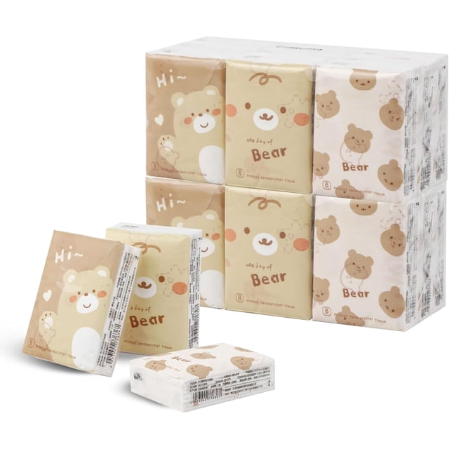 Pañuelo facial de bolsillo tamaño de viaje a granel, paquetes de patrones, pequeño pañuelo individual desechable para salidas, recuerdos de fiesta de boda, 3 capas, 8 hojas (paquete de 27) (oso)
