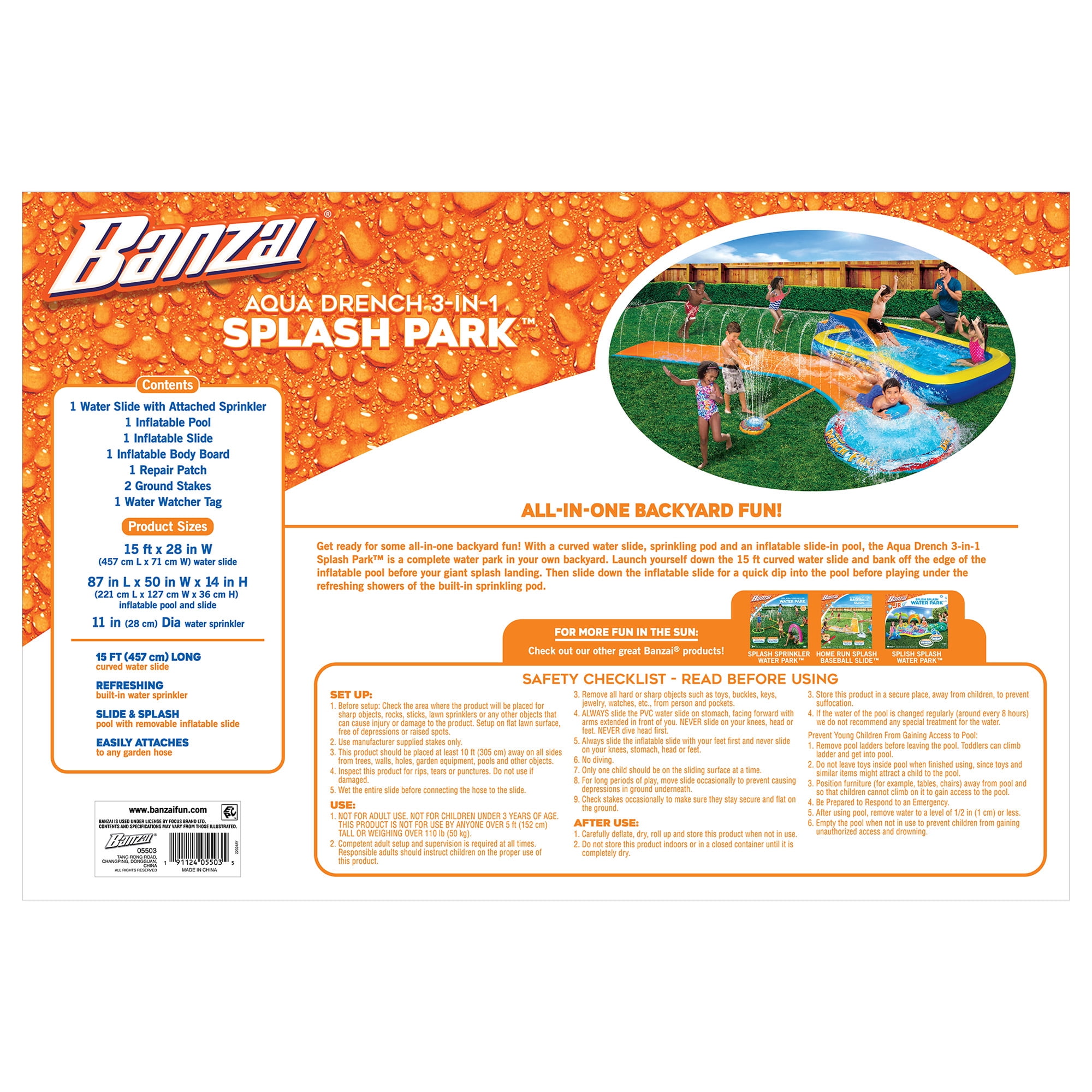 Banzai Aqua Drench 3-in-1 Splash Park for Outdoor Summer Fun Ages 3+