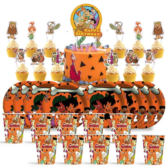 Black Flintstones Birthday Cups Party Supplies Plates Fans Decorations Cake Topper Decor