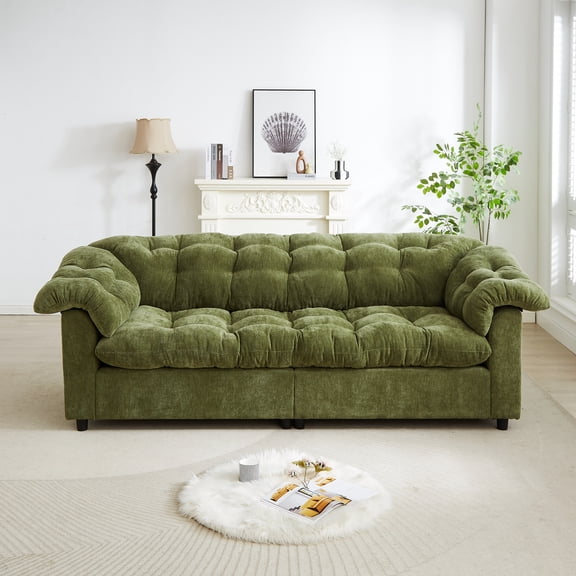 94.8" Modern Sofa Couch with Large Armrest, Chenille Tufted Fluffy Loveseat with Ergonomic Backrest, Upholstered Cloud Couch for Living Room, Bedroom, Office, Green