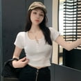 thumbnail image 4 of T-shirts Courts en Coton pour Femmes, Noirs, Couleur Unie, Col Rond, Manches Courtes Serrées, Mode, Tops de Rue, 4 of 5