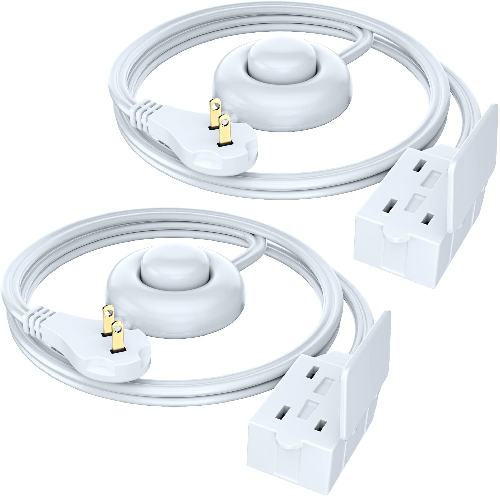 Twin Extension Cord Power Strip - 12 Foot Cord - 6 Feet on Each Side - Flat Head (Wall Hugger) Outlet Plug - 6 Polarized Outlets with Safety Cover