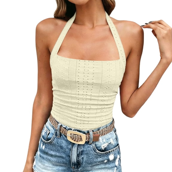 TEAJOPSUU Summer Cami Tops for Women Lightweight Halter Neck Sleeveless Spaghetti Strap Camisole Tops Form Fitting Eyelet Cropped Tank Tops Blouses Yellow