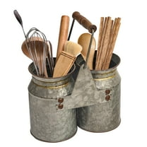 MODE HOME Set of 2 Rustic Galvanized Metal Utensil Holders with Handles, Farmhouse Kitchen Crocks for Spoons, Forks, and Knives, Countertop Organizer Buckets for Rustic Kitchen Décor, 8x4x6.75 Inch