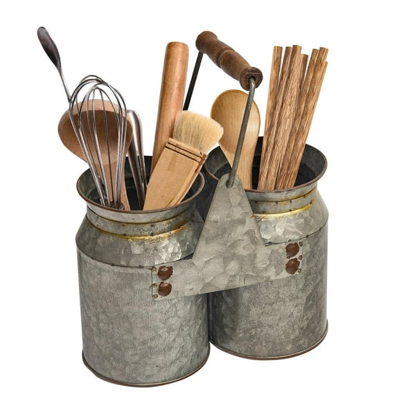 MODE HOME Set of 2 Rustic Galvanized Metal Utensil Holders with Handles, Farmhouse Kitchen Crocks for Spoons, Forks, and Knives, Countertop Organizer Buckets for Rustic Kitchen Décor, 8x4x6.75 Inch