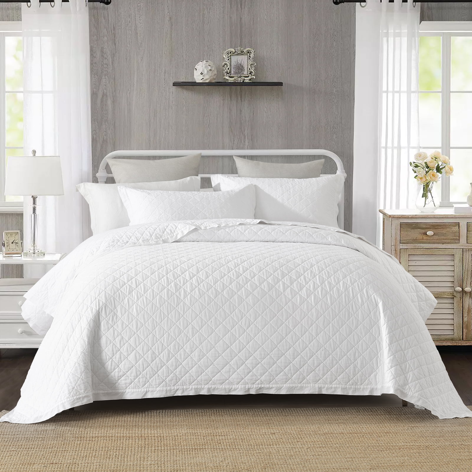 PANGUSHAN 100% Cotton Queen Quilt Set, Elegant Diamond Pattern Solid Color Queen Size Quilt Bedding Set Bedspreads, Reversible Quilted Lightweight Comforter, White Bed Spread for Queen Bed, 3pcs