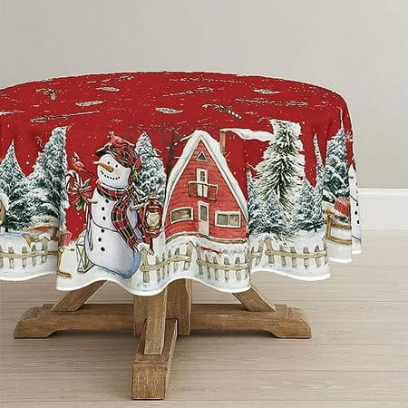 

Christmas Tablecloth 60×84 Inch Winter Snowman House Christmas Trees Red Washable Table Cover for Party Picnic Dinner Decor