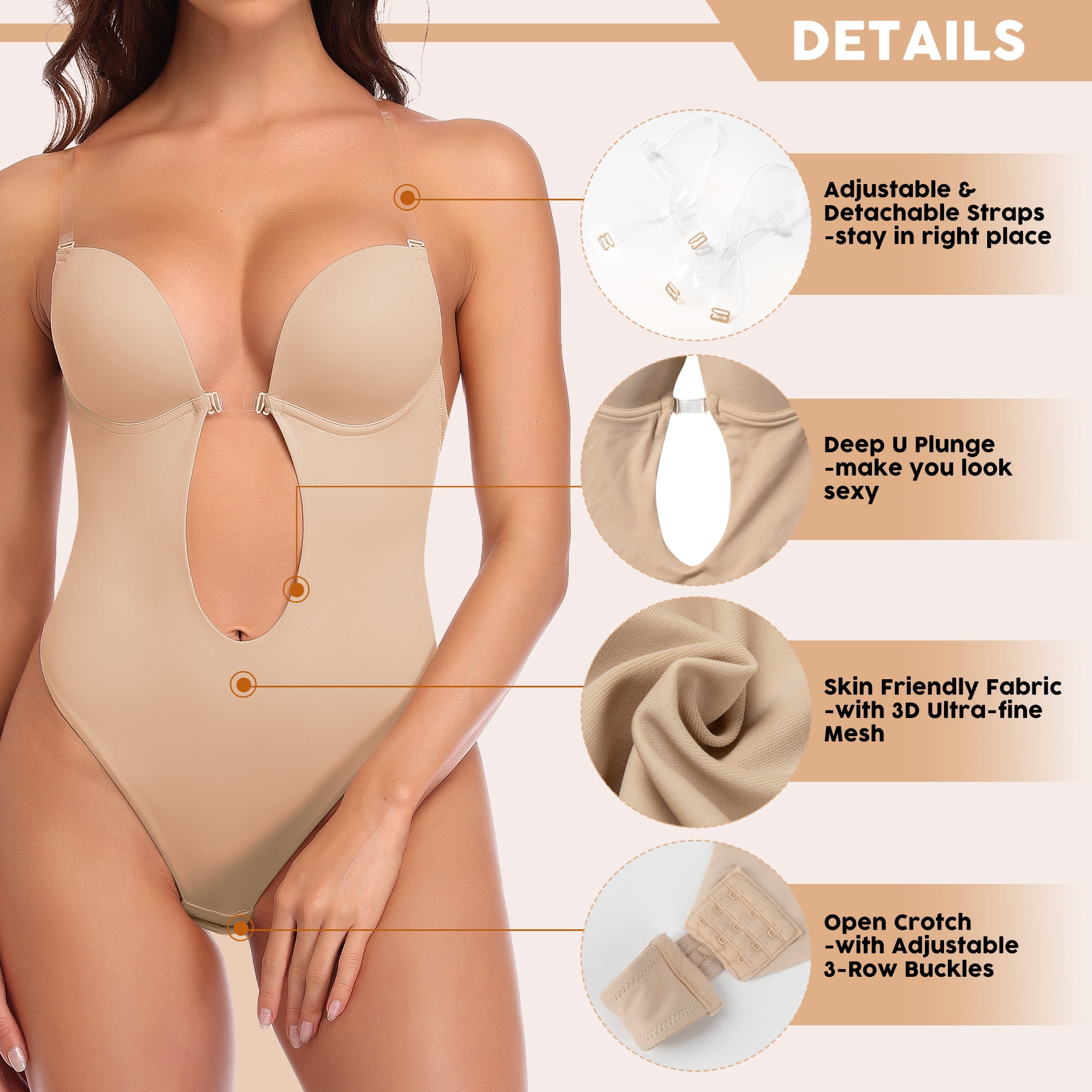 Seamless U Plunge Backless Thong Full Body Shaper Bra For Women