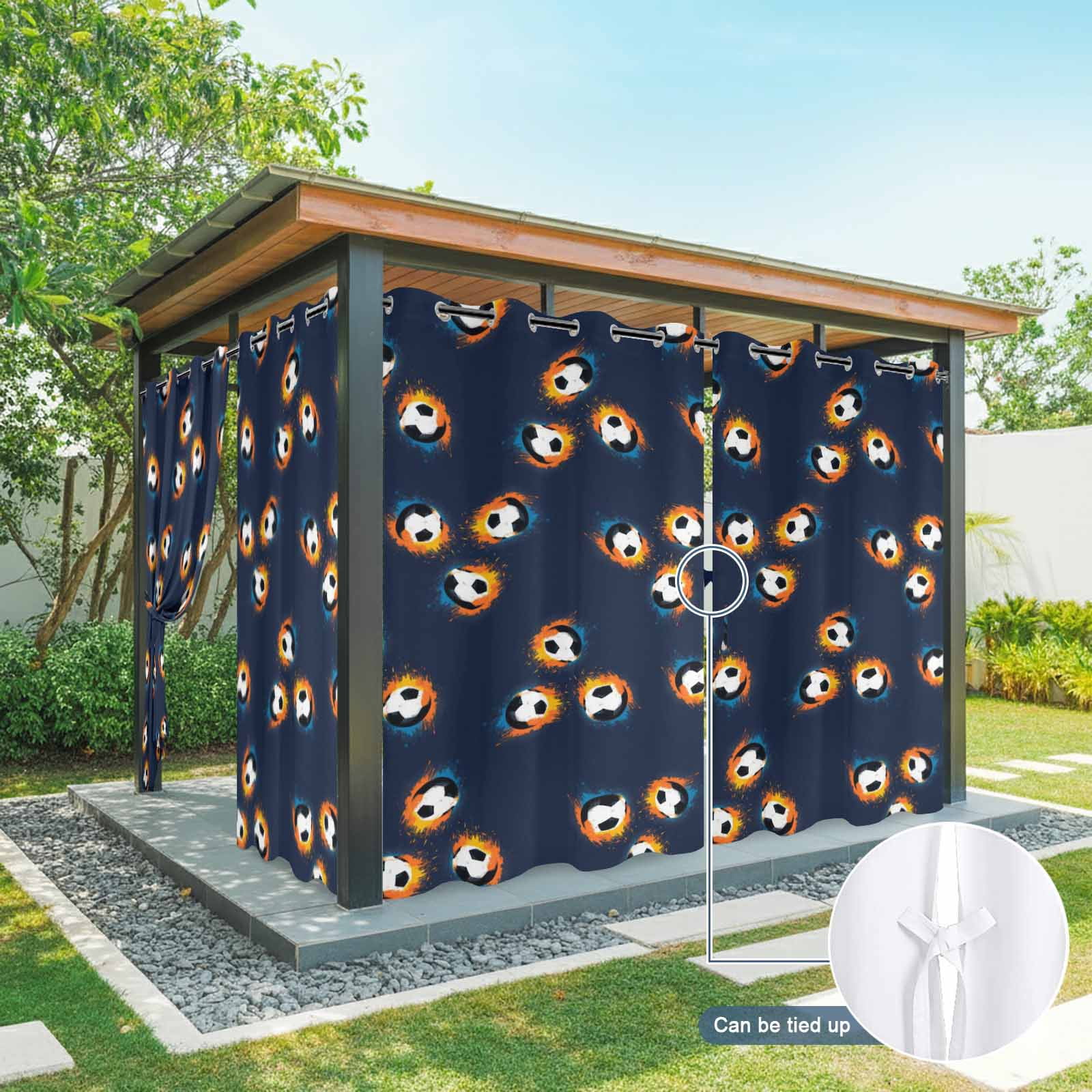 Soccer Ball Outdoor Curtains for Patio, Sports Athletic Black White Soccer Navy Blue Background Sunshade Privacy Drapes Grommet Waterproof Outside Curtains for Porch/Cabana/Balcony 54"x 108", 1 Panel