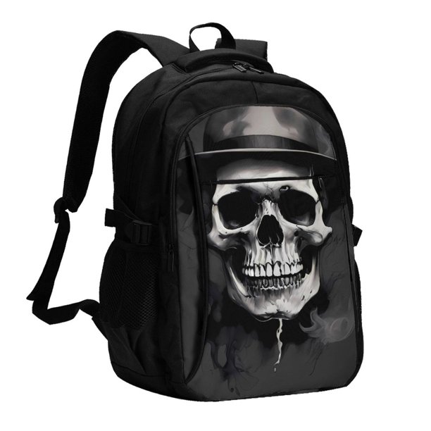 Balery Black White Hat Skull Mochila con carga USB para hombre y mujer - Mochila impermeable y antirrobo para laptop con puerto USB para viajes, trabajo