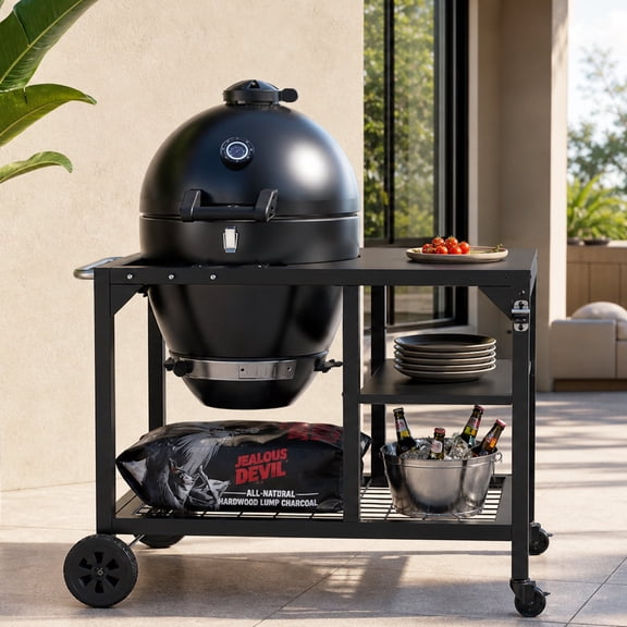 Flintex 22" Kamado Charcoal Grill & Smoker, Egg-Style Grill with Cast Iron Grates, Prep Table and Storage Cart for Outdoor BBQ