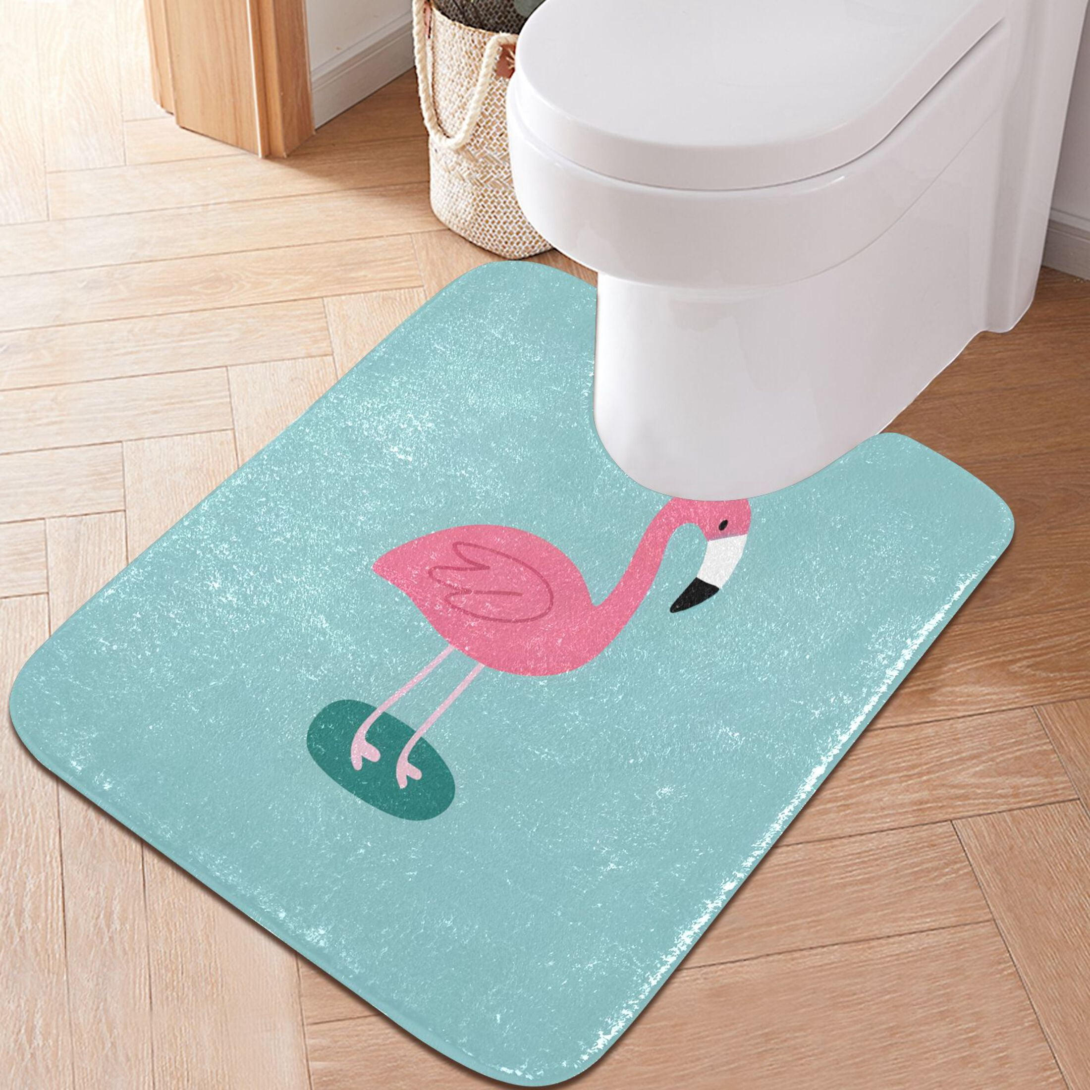 Toilet Rug Set Non-Slip Bathroom Rugs Soft Plush Machine Washable Contour Bath Mat Cartoon Flamingo 24x20/24x16
