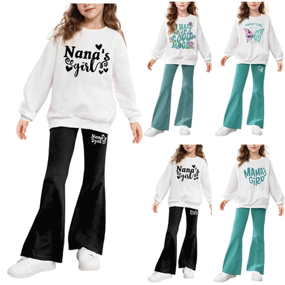 Pandaie Girls Clothes 2 Piece Long Sleeve Sweatshirt Pullover Flared Yoga Pants Kids Athletic Loose Spring Sweatsuit Outfit 6-14Y Black