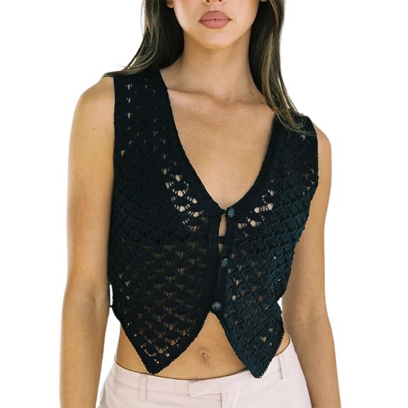 Women Summer Vest Sleeveless V Neck Buttons Solid Color Hollow Out See Through Crop Tank Tops