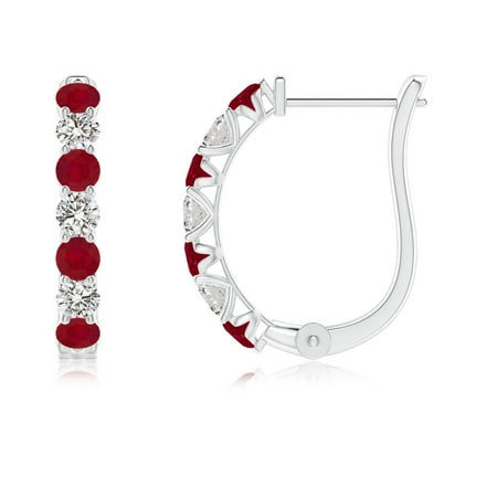 Angara Natural Ruby and Diamond Huggie Hoop Earrings for Women in 14K White Gold – July Birthstone Jewelry | Prong-Set Ruby Hoop Earrings