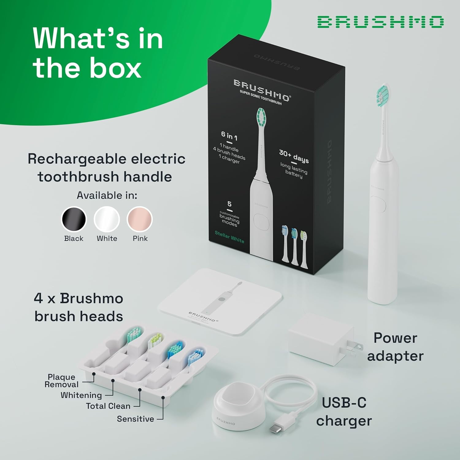 Brushmo Super Sonic Rechargeable Toothbrush, 5 Brushing Modes, Includes 4 Brush Heads, 2-min Timer, 30-Day Battery, Charging Base, Stellar White