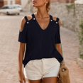 thumbnail image 2 of MIXUE Boho Tops For Women Summer Striped Print Solid Color V Neck Off Shoulder Short Sleeve Sexy Fashion T Shirts Daily-Wear,Black,M, 2 of 6