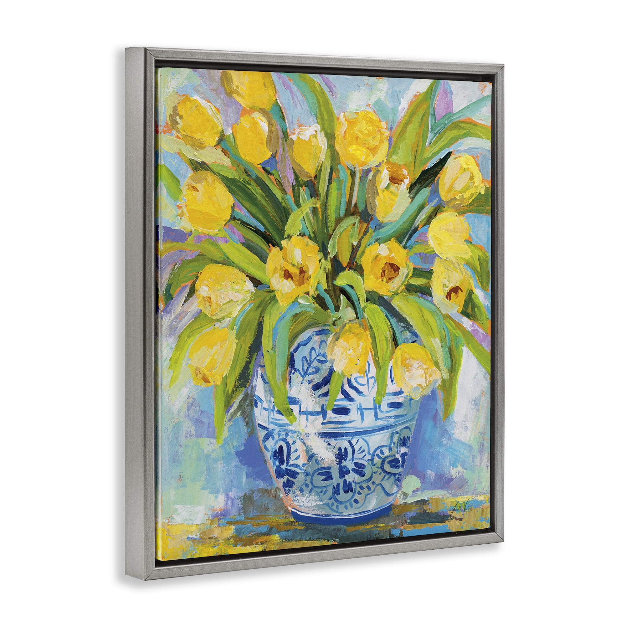 Stupell Industries Expressive Yellow Tulips in Vase Botanical & Floral Painting Gray Floater Framed Canvas Art Print Wall Art, 25 x 31