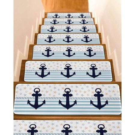 Coastal Nautical Stair Treads for Wooden Steps Indoor Runner Rug Carpet Blue Striped Starfish Shell Beach 7 Pieces Peel and Stick Staircase Step Treads Covers Washable Throw Door Mats 30 x8
