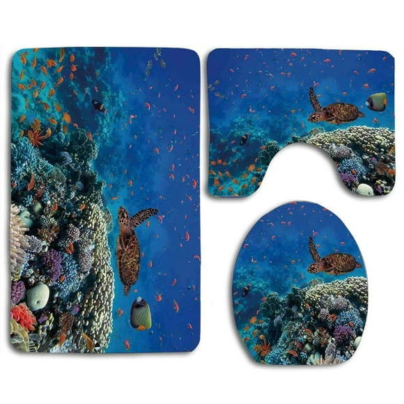 EREHome Ocean Exotic Fish and Turtle in Fresh Water on Stony Corals Bio Diversity Wild Life Photo 3 Piece Bathroom Rugs Set Bath Rug Contour Mat and Toilet Lid Cover