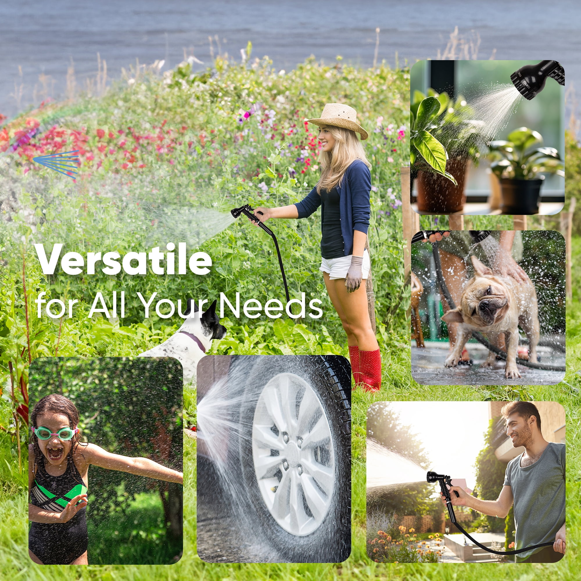 PortableOut 100ft Flexible Garden Water Hose,Non-Expandable, 7 Spray Nozzle, Kink-Free Garden Hose, Nylon, Outdoor, Lightweight