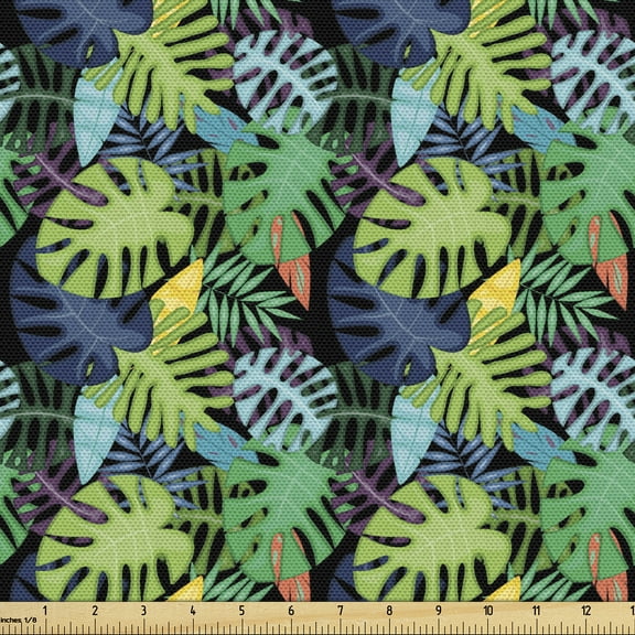 Ambesonne Monstera Fabric by the Yard Upholstery, Exotic Deep Jungle Botany, 5 Yards, Charcoal Grey and Multicolor