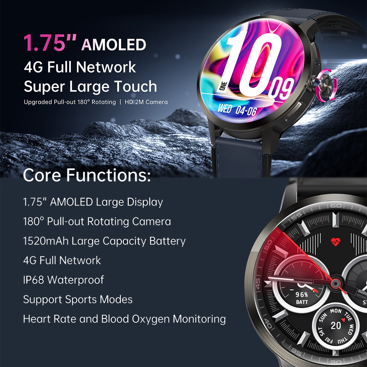 DM82 Bluetooth call only watch, 180° pull-out rotating camera, 1.75 inch large screen heart rate fitness tracker