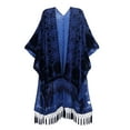 thumbnail image 3 of Women's Burnout Velvet Kimono Bohemian Long Cardigan with Tassel Beach Cover-up Holiday Casual Cardigan Shawl（Navy）, 3 of 11