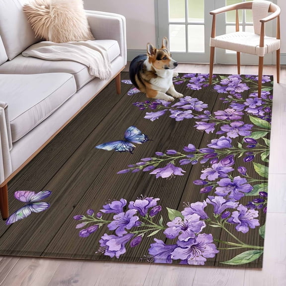 Purple Flowers Area Rugs 2.7'x5', Washable Small Throw Rugs for Kitchen Bedroom, Butterfly Spring Floral Wooden Farmhouse Indoor Outdoor Rug Non-Slip Low Pile Carpet Runner Reversible Floor Mats