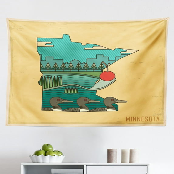 Minnesota Tapestry, Flat Design Spoonbridge and Cherry Iconic Minneapolis Landmark in State Map Frame, Fabric Wall Hanging Decor for Bedroom Living Room Dorm, 2 Sizes, Multicolor, by Ambesonne