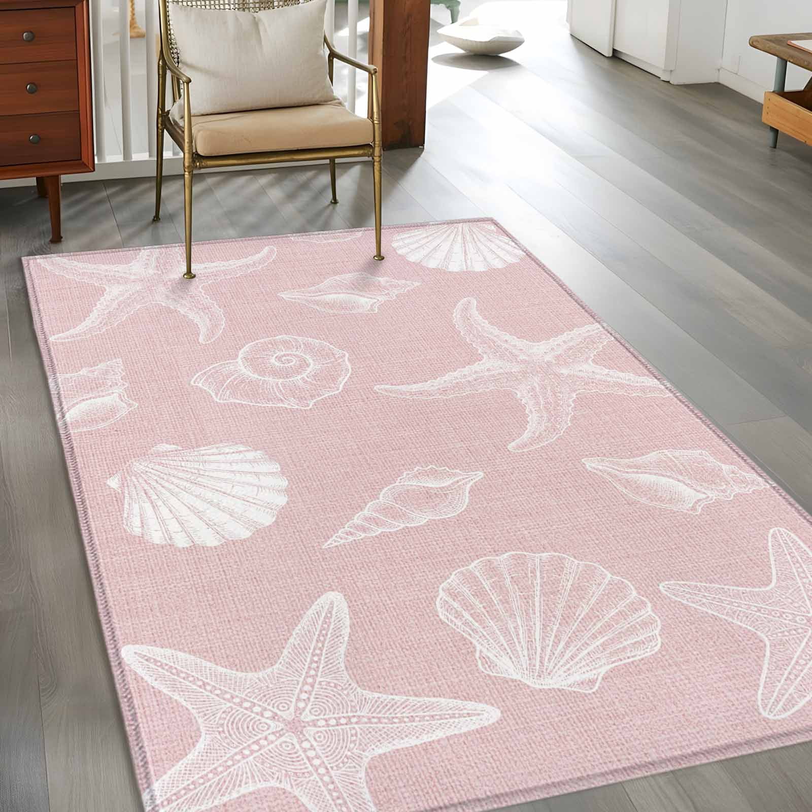 Marine Life Area Rugs 2.7'x5', Washable Small Throw Rugs for Kitchen Bedroom, Summer Ocean Starfish Conch Seashell Pink Indoor Outdoor Rug Non-Slip Low Pile Carpet Runner Reversible Floor Mats