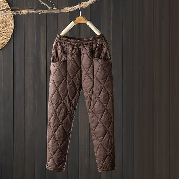 Qetyuw Womens Padded Quilted Pants Winter Warm Thermal Pants with Pockets Elastic High Waist Trousers Fashion Casual Wide Leg Loose Pants
