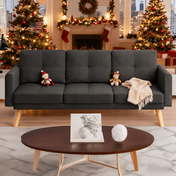 Lofka 68" Sofa and Couch with Side Storage Pocket and 4" Thick Cushions for Living Room, Dark Gray Modern Home Furniture