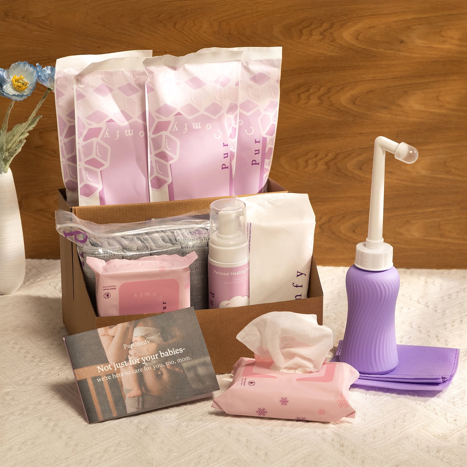 18 Pcs PurComfy Postpartum Essentials Recovery Kit, Includes Disposable Underwear, Perineal Healing Pad Liners, Perineal Healing Foam, Instant Ice Pads, Upside Down Peri Bottle and Postpartum Pads