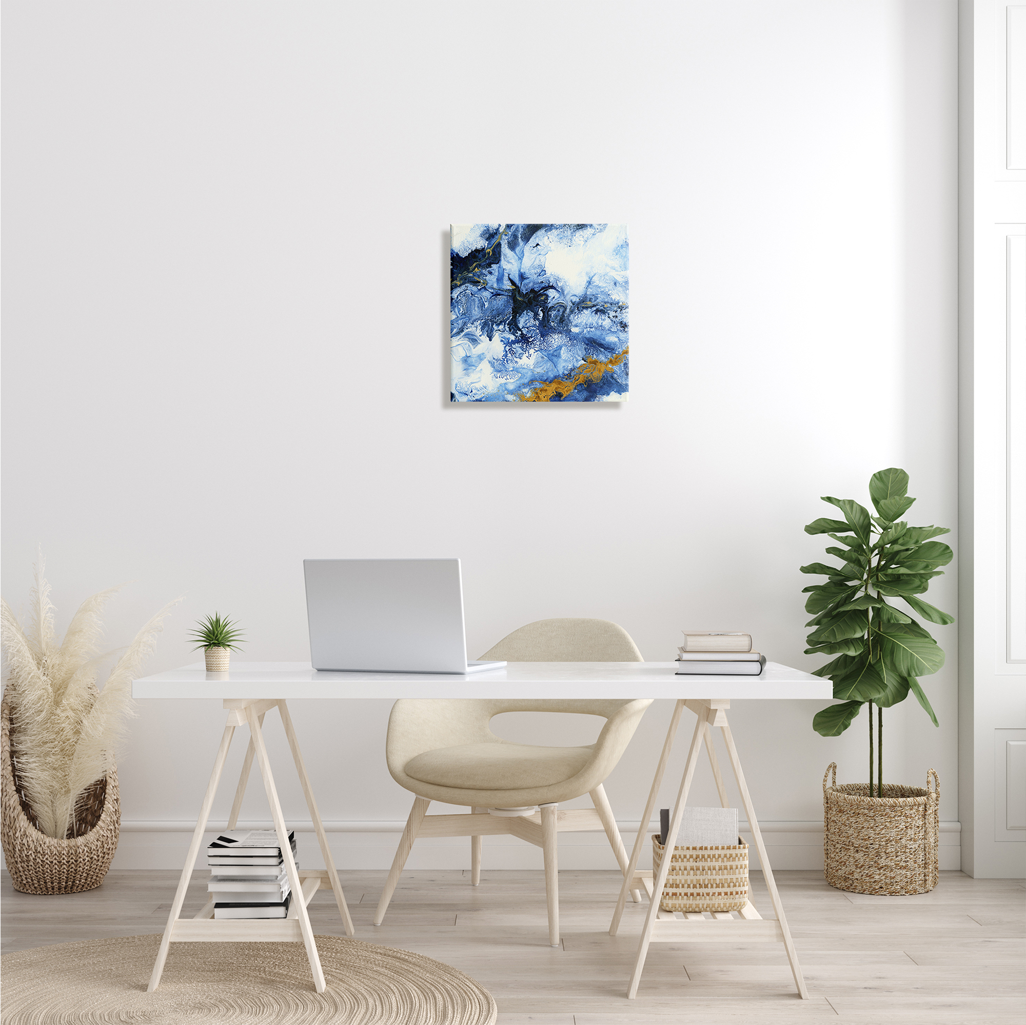 Water Movement Abstraction Fluid Yellow Blue Design Abstract Gallery-Wrapped Canvas Print Wall Art, 17x17