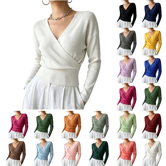 Purcolt Women Wrap V Neck Ribbed Knit Top Long Sleeve Slim Waist Casual Cropped Sweater