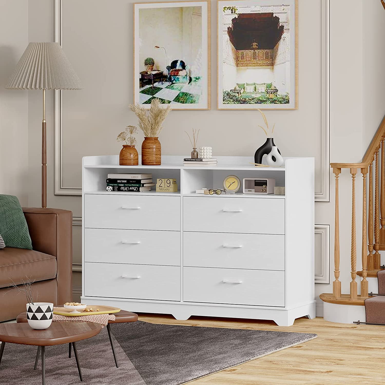 Wide 6-Drawer Dresser with Open Shelf, Modern Large Storage