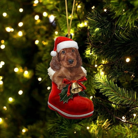 Acrylic 2D FLAT Irish Setter In Santa Boot Christmas Hanging Ornament